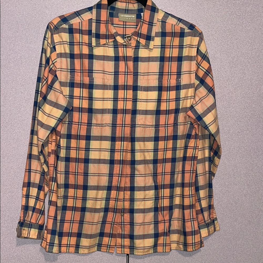 Liz Claiborne Women's Plaid Button-Down Shirt in Peach and Navy